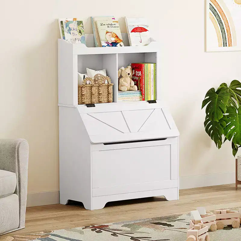 Meuble de rangement pour jouets d'enfants, bibliothèque et rangement pour jouets pour enfants avec couvercle à charnière et compartiments, bibliothèques en bois pour salle de jeux, chambre d'enfant, chambre à coucher