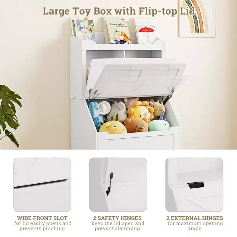 Meuble de rangement pour jouets d'enfants, bibliothèque et rangement pour jouets pour enfants avec couvercle à charnière et compartiments, bibliothèques en bois pour salle de jeux, chambre d'enfant, chambre à coucher