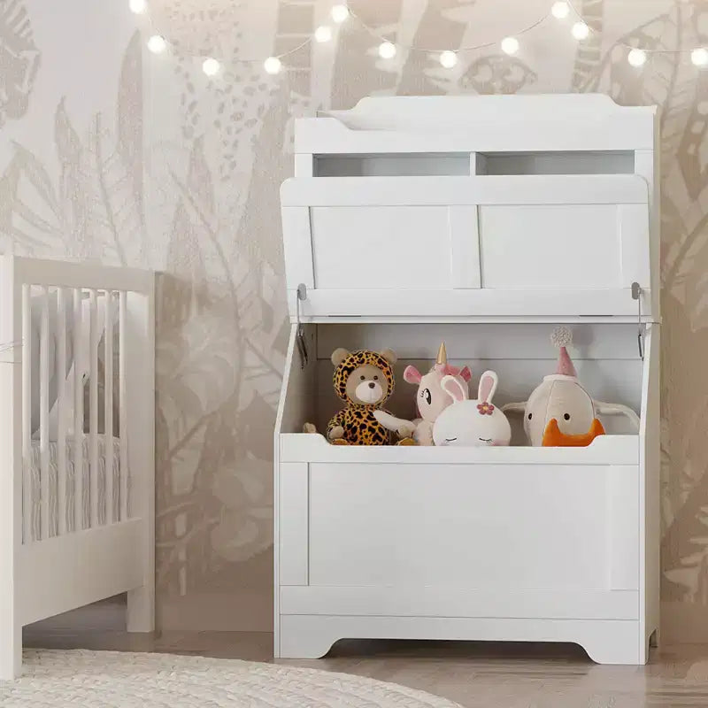 Meuble de rangement pour jouets d'enfants, bibliothèque et rangement pour jouets pour enfants avec couvercle à charnière et compartiments, bibliothèques en bois pour salle de jeux, chambre d'enfant, chambre à coucher