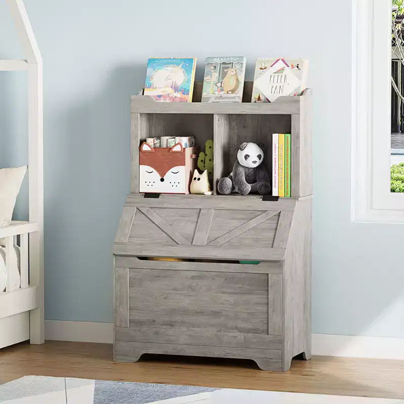 Meuble de rangement pour jouets d'enfants, bibliothèque et rangement pour jouets pour enfants avec couvercle à charnière et compartiments, bibliothèques en bois pour salle de jeux, chambre d'enfant, chambre à coucher
