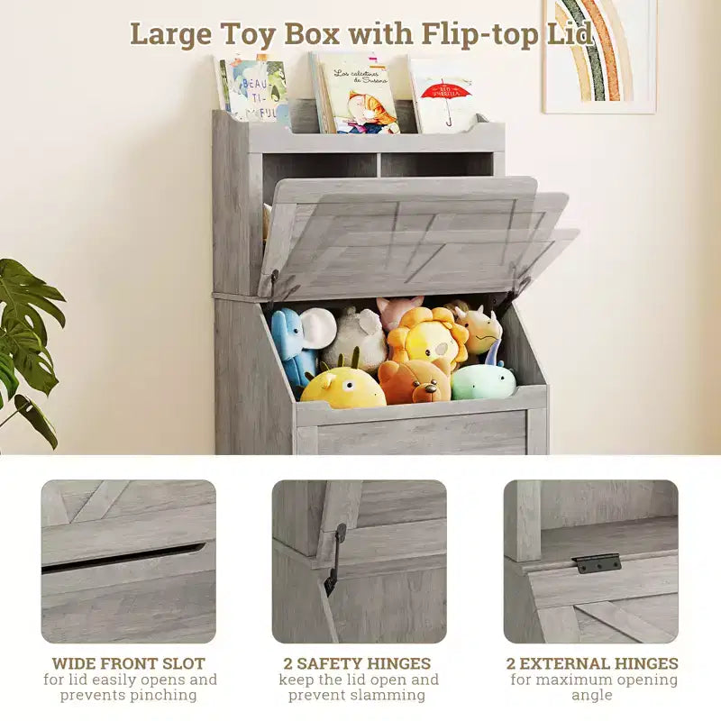 Meuble de rangement pour jouets d'enfants, bibliothèque et rangement pour jouets pour enfants avec couvercle à charnière et compartiments, bibliothèques en bois pour salle de jeux, chambre d'enfant, chambre à coucher