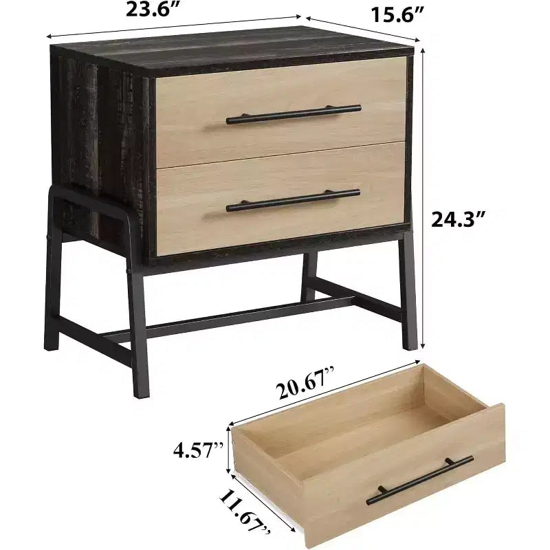 Table de chevet moderne du milieu du siècle avec forme unique, poignées de tiroir allongées, 2 tiroirs et pieds en métal, table d'appoint en bois clair pour chambre ou salon