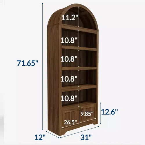 Bibliothèque arquée de 72 po avec tiroir de rangement, armoire de présentation moderne en bois à 6 niveaux avec étagères ouvertes et tiroir inférieur, porte d'armoire incurvée
