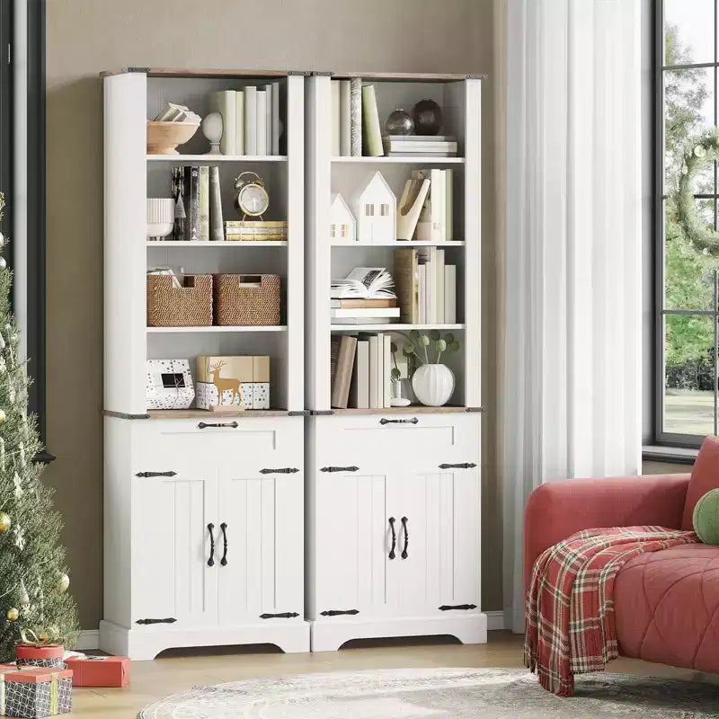Bibliothèque de ferme de 72 po de haut, étagère en bois avec armoire de rangement et tiroir, vitrine à 4 niveaux avec porte de grange et étagère réglable