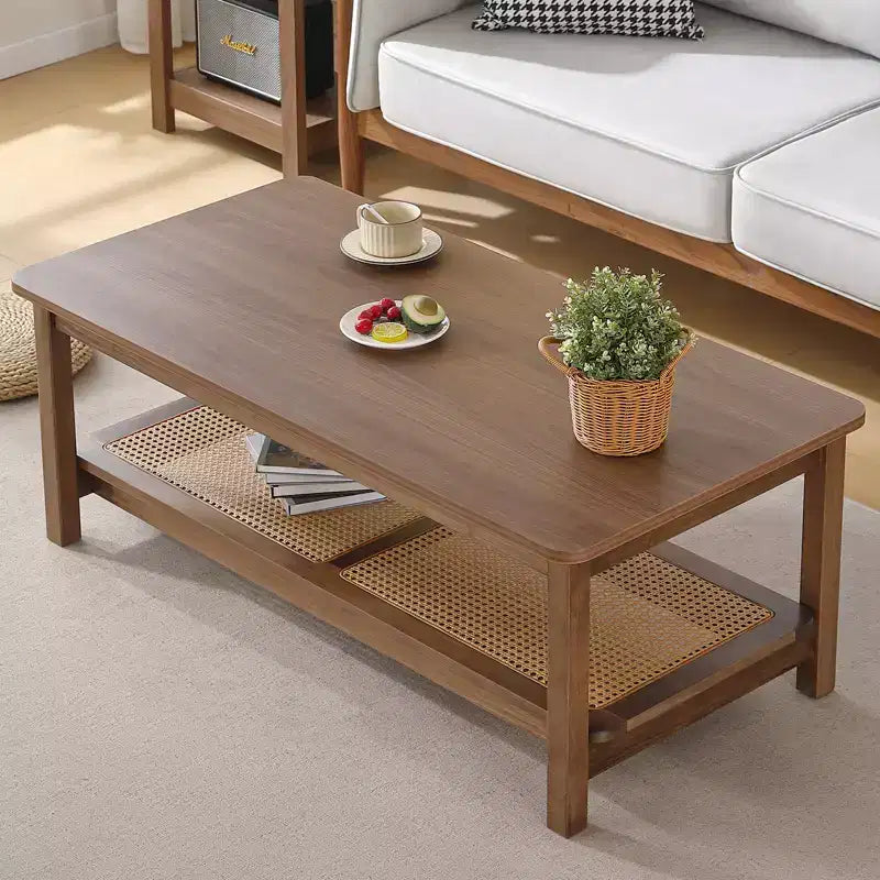 Bekrvio 47.2'' Table Basse Bohème Mid-Century, Table Centrale Rectangulaire Rustique à 2 Niveaux en Bois avec Pieds en Bois et Étagère en Rotin, pour Salon