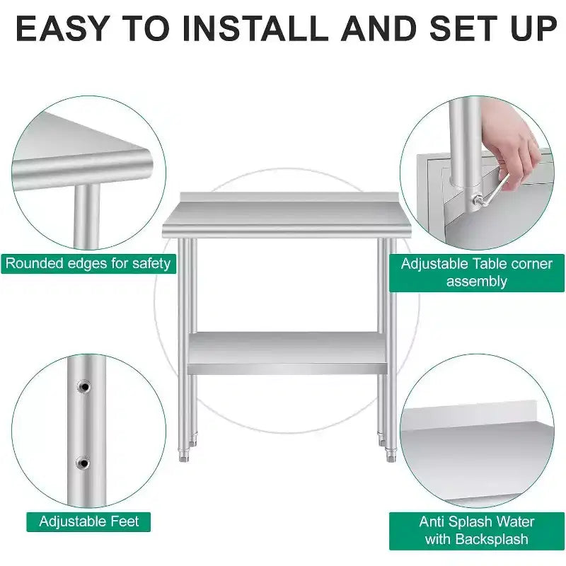Table de préparation Acekool 36 x 24 en acier inoxydable avec crédence, étagère inférieure réglable et 4 roulettes, table de travail de qualité commerciale