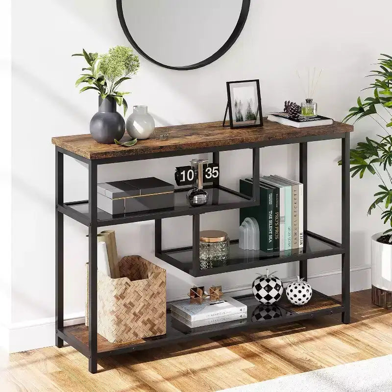Console industrielle à 4 niveaux avec étagères en verre, table de canapé étroite de 100 cm pour entrée, salon, chambre, table d'appoint de couloir à cadre métallique