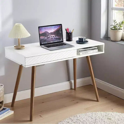 Acekool 42 Mid-Century Modern Computer Desk with Drawer and Open Storage Cubby, Home Office Desk for Gaming, Study, Writing, White