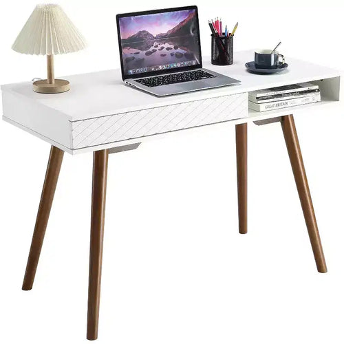Acekool 42 Bureau d'ordinateur moderne du milieu du siècle avec tiroir et casier de rangement ouvert, bureau à domicile pour le jeu, les études, l'écriture, blanc