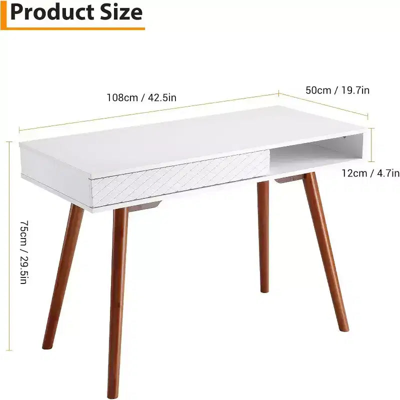 Acekool 42 Bureau d'ordinateur moderne du milieu du siècle avec tiroir et casier de rangement ouvert, bureau à domicile pour le jeu, les études, l'écriture, blanc