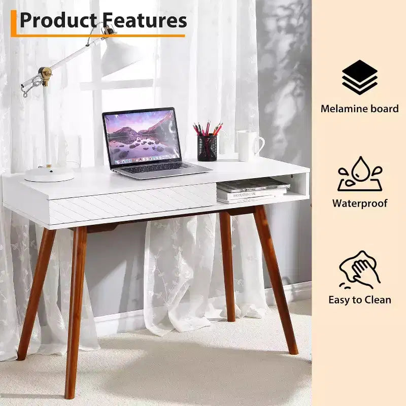Acekool 42 Bureau d'ordinateur moderne du milieu du siècle avec tiroir et casier de rangement ouvert, bureau à domicile pour le jeu, les études, l'écriture, blanc