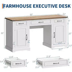 Acekool Bureau de Direction de Ferme 60 avec Tiroirs et Meubles de Rangement, Bureau d'Ordinateur Rustique pour Bureau à Domicile et Étude, Blanc Antique