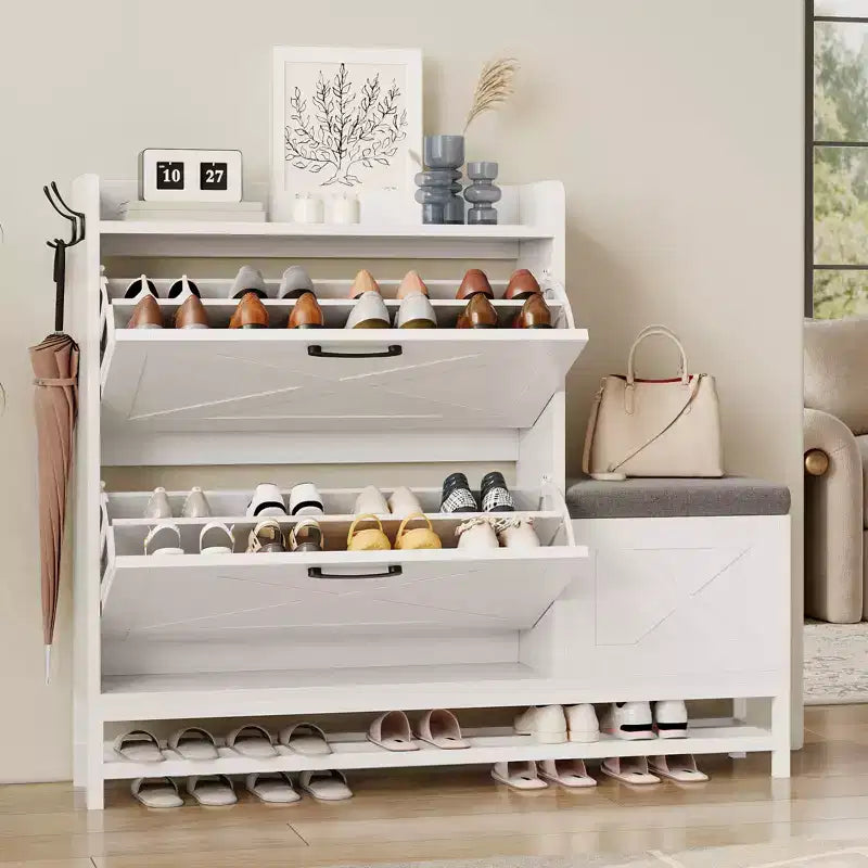 Meuble à chaussures avec banc, Meuble de rangement à chaussures étroit et mince de style rustique avec 2 tiroirs basculants pour entrée, salon, couloir