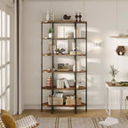 TROPOW 6 Tier Tall Bookcase Industrial Bookshelves Oval Vintage Bookshelf Metal Frame Unique Display Shelf Storage for Home Office, Brown