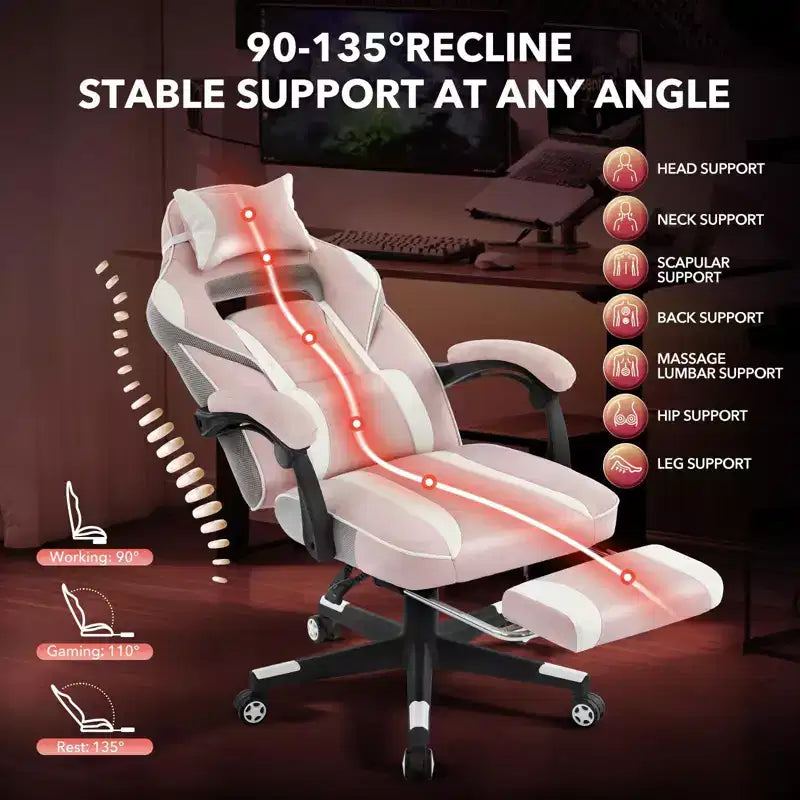 Chaise de bureau grande taille, Chaise de jeu en cuir à dossier haut avec repose-pieds, Chaise d'ordinateur ergonomique avec support lombaire et appui-tête, Base pivotante à 360°