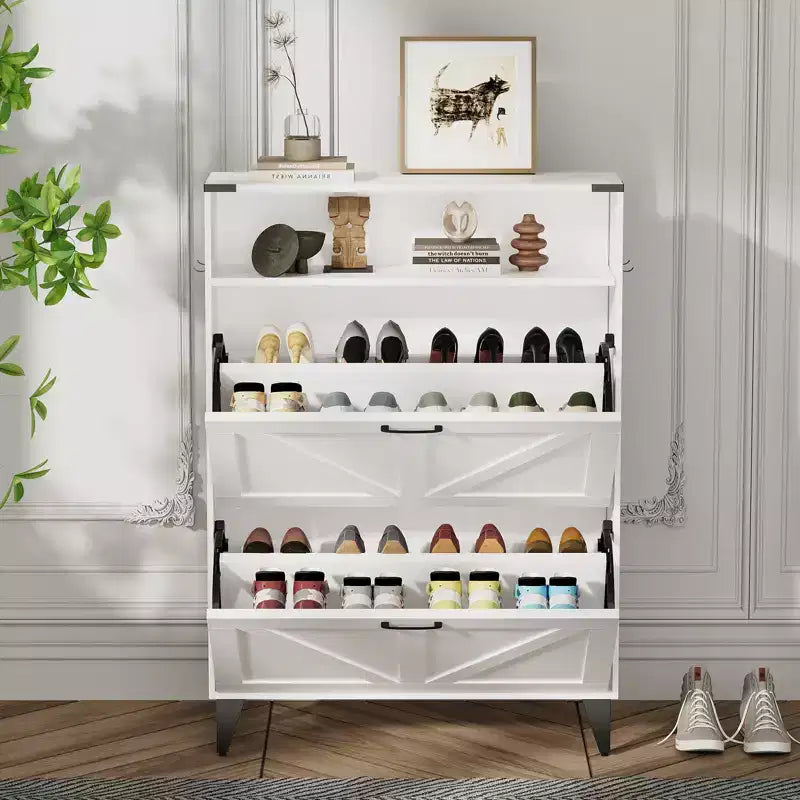 Meuble à chaussures avec 2 tiroirs basculants pour entrée, organisateur de meuble à chaussures autoportant avec rangement ouvert, meuble d'angle à chaussures autoportant