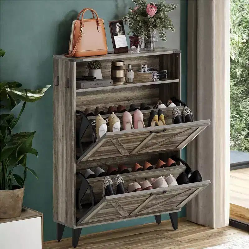 Meuble à chaussures avec 2 tiroirs basculants pour entrée, organisateur de meuble à chaussures autoportant avec rangement ouvert, meuble d'angle à chaussures autoportant