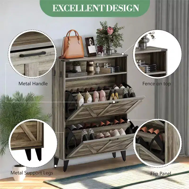 Meuble à chaussures avec 2 tiroirs basculants pour entrée, organisateur de meuble à chaussures autoportant avec rangement ouvert, meuble d'angle à chaussures autoportant
