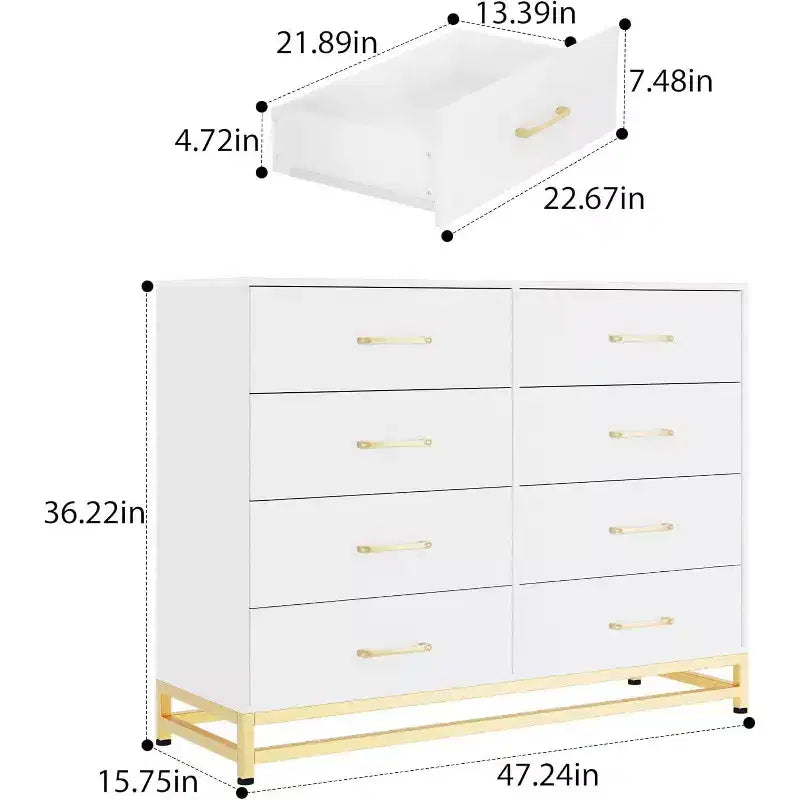 Commode de chambre avec 8 tiroirs, commode de meuble TV, grande commode en bois pour le rangement et l'organisation.