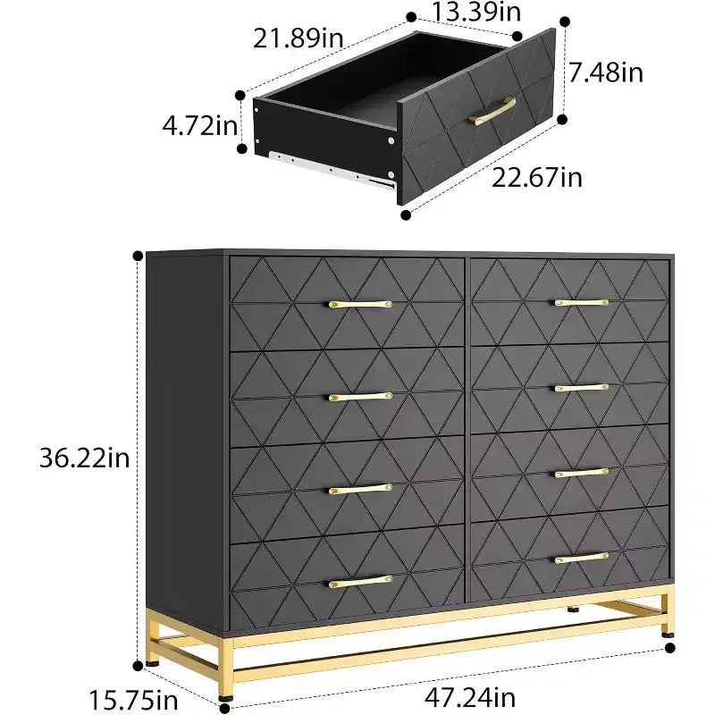 Commode de chambre avec 8 tiroirs, commode de meuble TV, grande commode en bois pour le rangement et l'organisation.