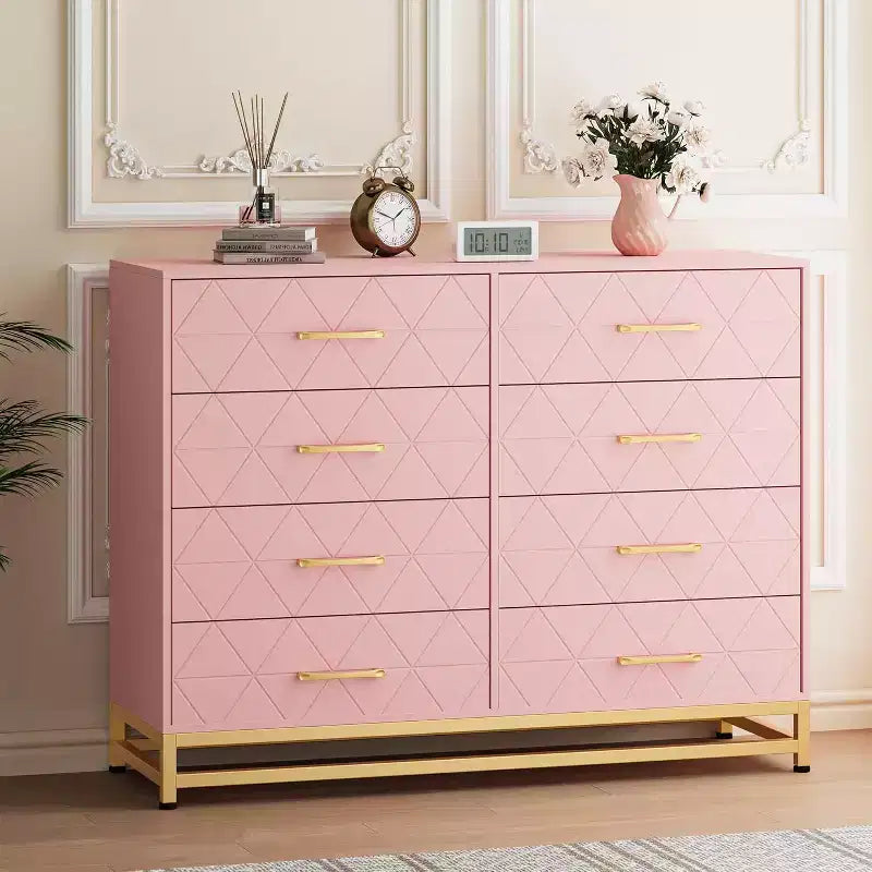 Commode de chambre avec 8 tiroirs, commode de meuble TV, grande commode en bois pour le rangement et l'organisation.