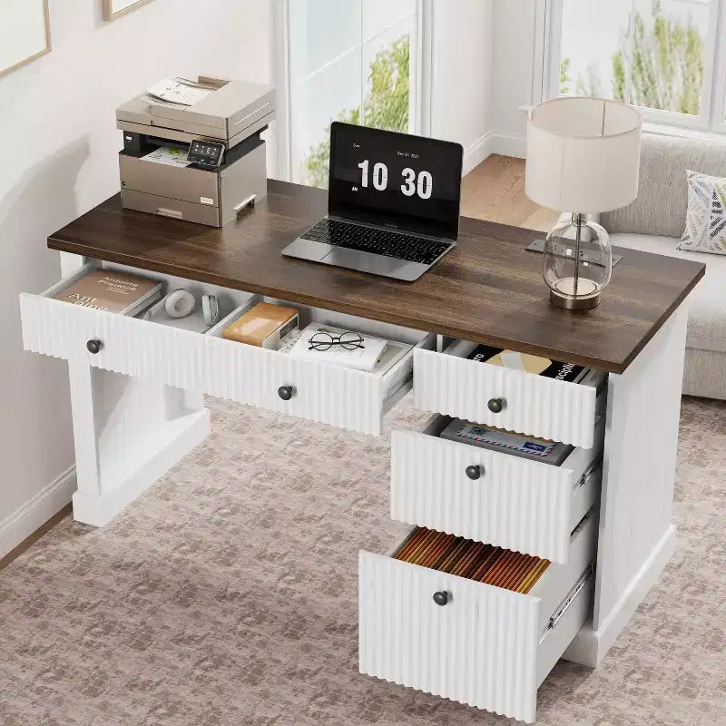 Garvee Fluted Home Office Desk Storage, Bureau de direction moderne 54 pouces avec station de charge, Bureau d'ordinateur en bois avec tiroirs classeurs pour l'étude