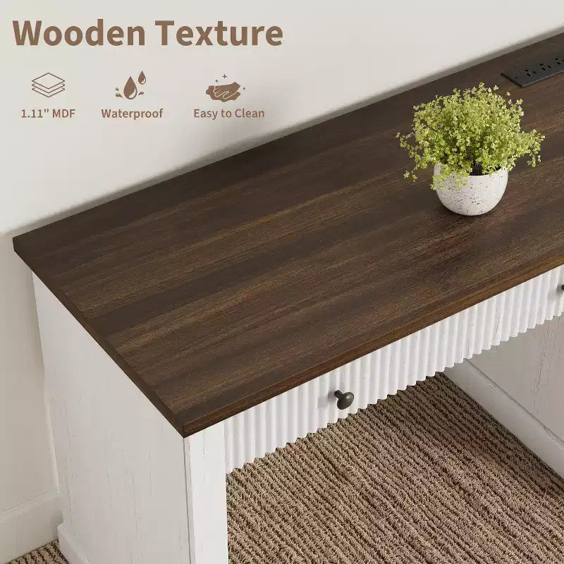 Garvee Fluted Home Office Desk Storage, Bureau de direction moderne 54 pouces avec station de charge, Bureau d'ordinateur en bois avec tiroirs classeurs pour l'étude