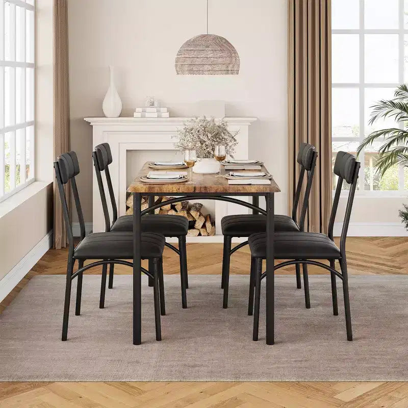 Table et chaises de cuisine, ensemble de table de salle à manger pour 4 avec chaises rembourrées, ensemble de table de cuisine en métal et bois, table à manger rectangulaire
