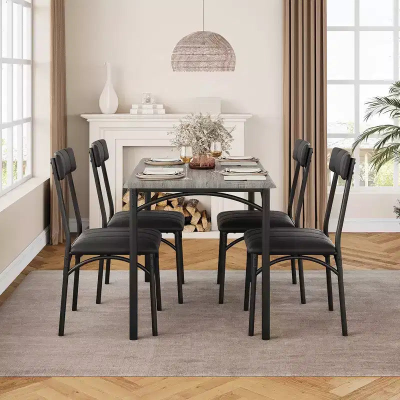 Table et chaises de cuisine, ensemble de table de salle à manger pour 4 avec chaises rembourrées, ensemble de table de cuisine en métal et bois, table à manger rectangulaire