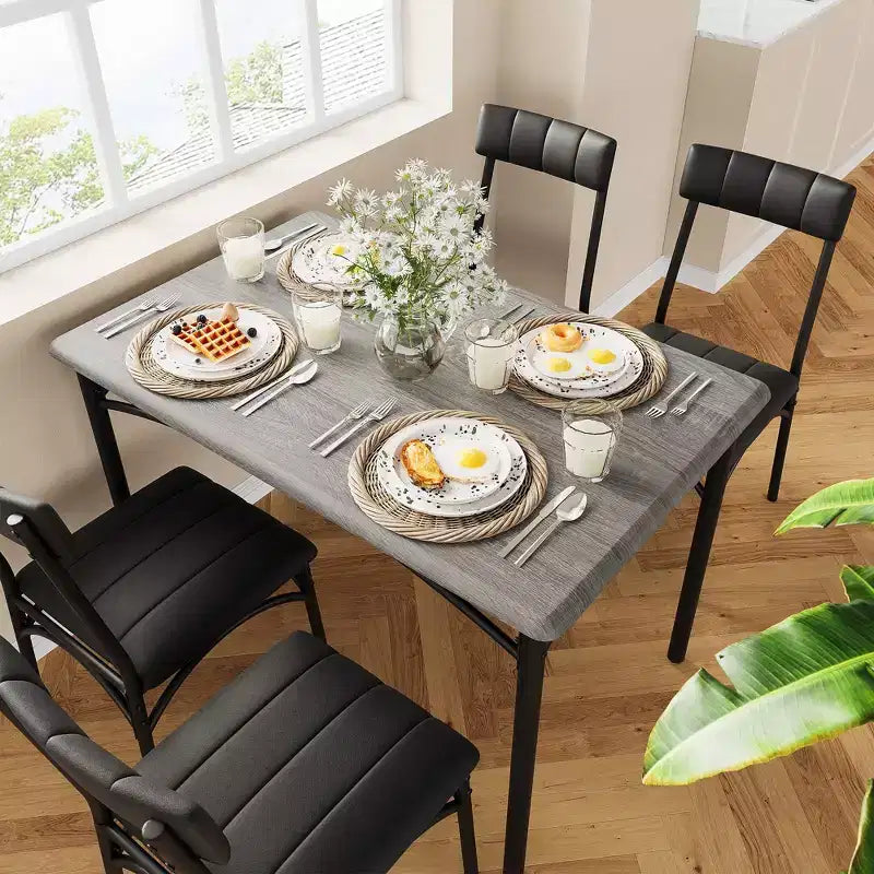 Table et chaises de cuisine, ensemble de table de salle à manger pour 4 avec chaises rembourrées, ensemble de table de cuisine en métal et bois, table à manger rectangulaire