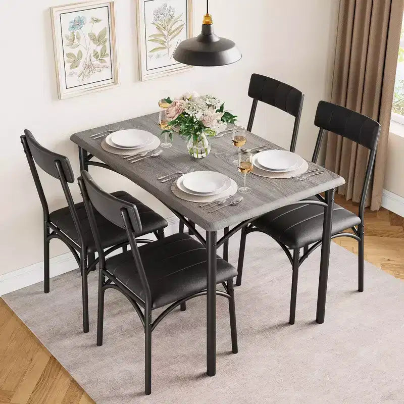 Table et chaises de cuisine, ensemble de table de salle à manger pour 4 avec chaises rembourrées, ensemble de table de cuisine en métal et bois, table à manger rectangulaire