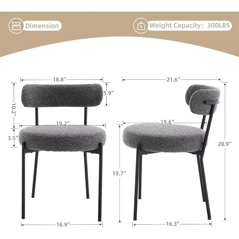 Acekool Chaises de salle à manger du milieu du siècle, lot de 2, avec revêtement en bouclé, dossier incurvé et pieds réglables - Gris clair avec pieds noirs