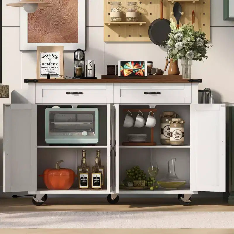 MAYEERTY Îlot de cuisine avec prise de courant, abattant, porte-épices et tiroir à roulettes pour cuisine, salle à manger, blanc