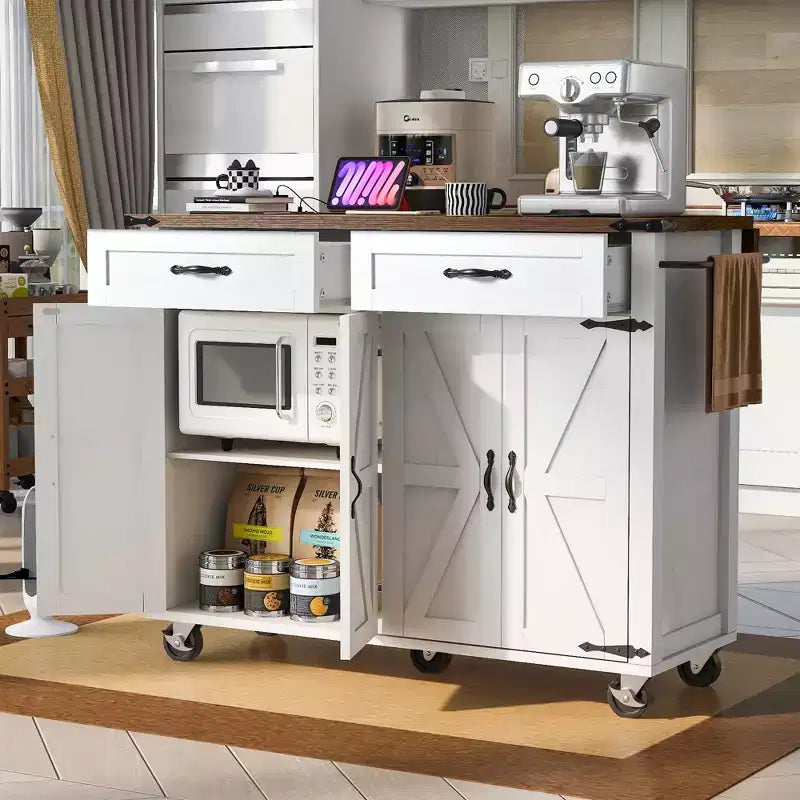 MAYEERTY Îlot de cuisine avec prise de courant, abattant, porte-épices et tiroir à roulettes pour cuisine, salle à manger, blanc