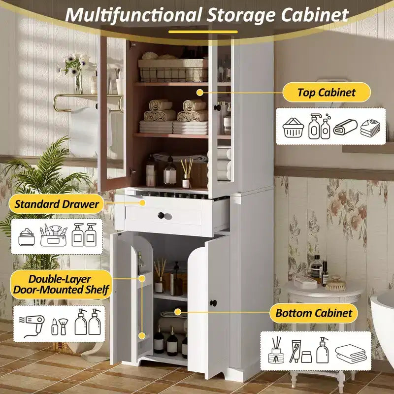 Meuble de rangement haut de salle de bain Whisen 67.2 avec portes en verre trempé, étagères réglables et tiroir, fermeture en douceur