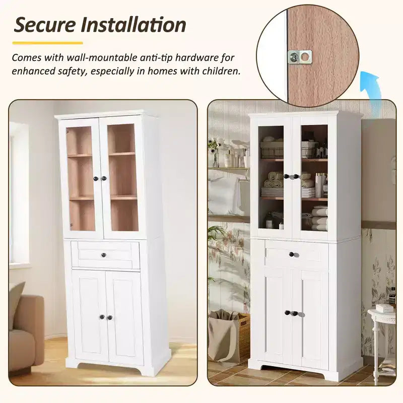Meuble de rangement haut de salle de bain Whisen 67.2 avec portes en verre trempé, étagères réglables et tiroir, fermeture en douceur