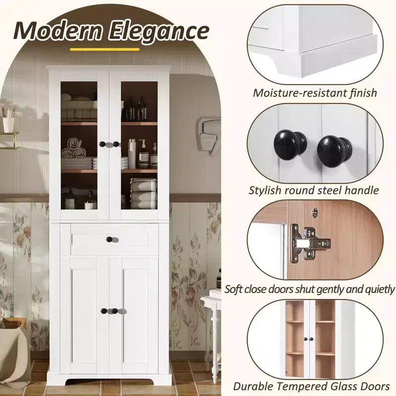 Meuble de rangement haut de salle de bain Whisen 67.2 avec portes en verre trempé, étagères réglables et tiroir, fermeture en douceur