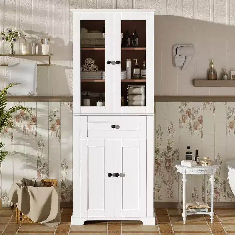 Meuble de rangement haut de salle de bain Whisen 67.2 avec portes en verre trempé, étagères réglables et tiroir, fermeture en douceur