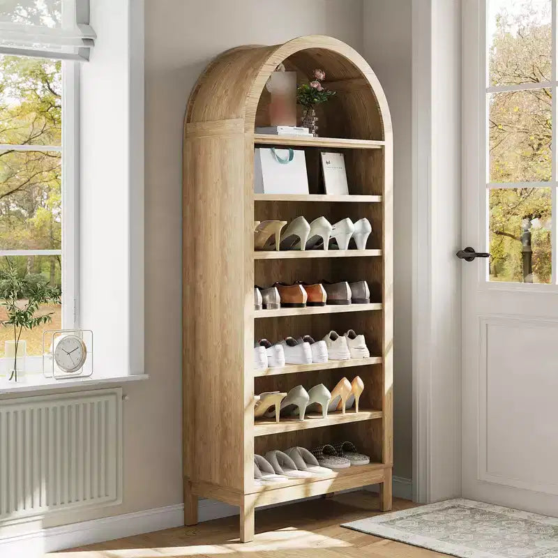 Fulvari 71 Armoire de cuisine bombée, bibliothèque autoportante à 7 niveaux avec étagères réglables, étagère de rangement ouverte en bois