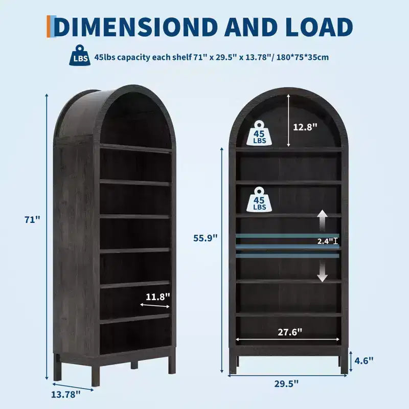 Fulvari 71 Armoire de cuisine bombée, bibliothèque autoportante à 7 niveaux avec étagères réglables, étagère de rangement ouverte en bois