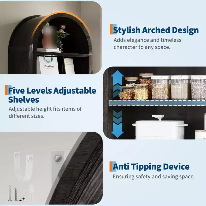Fulvari 71 Armoire de cuisine bombée, bibliothèque autoportante à 7 niveaux avec étagères réglables, étagère de rangement ouverte en bois