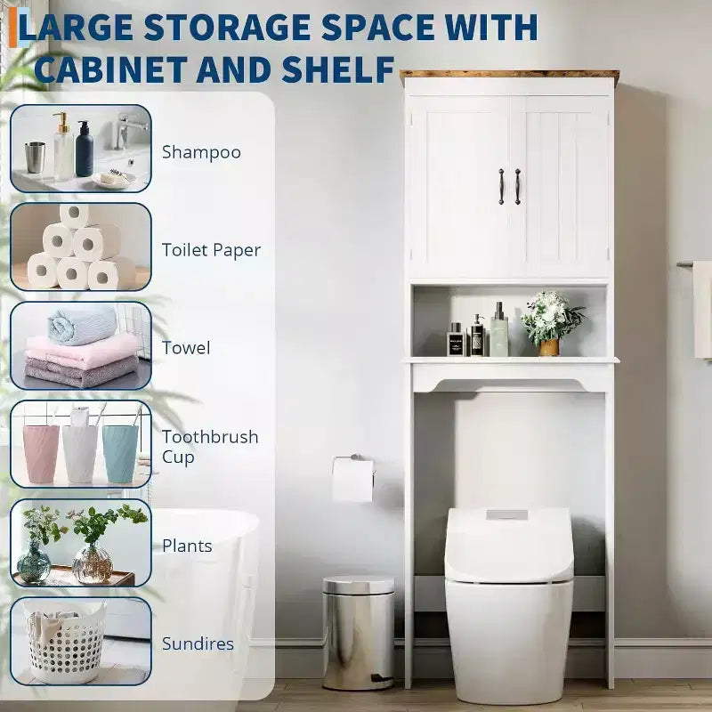 Meuble de rangement Acekool à poser au-dessus des toilettes, 60 x 21,5 x 168 cm, organisateur de salle de bain avec portes doubles, étagère réglable et étagère ouverte, bois composite