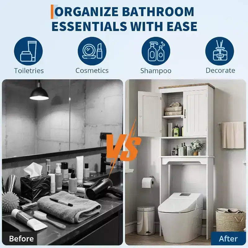 Meuble de rangement Acekool à poser au-dessus des toilettes, 60 x 21,5 x 168 cm, organisateur de salle de bain avec portes doubles, étagère réglable et étagère ouverte, bois composite