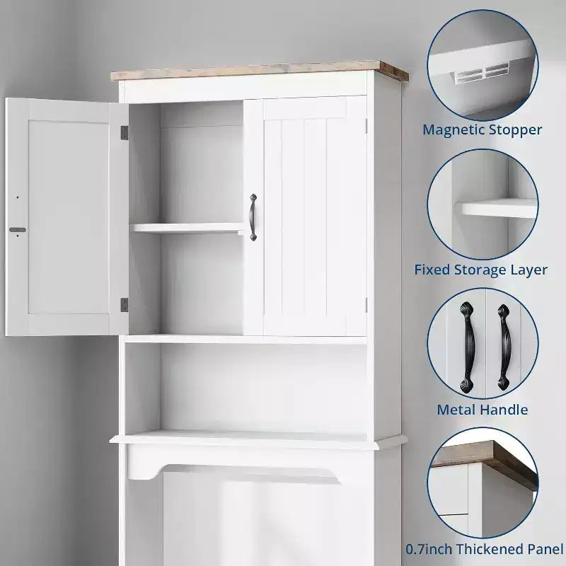 Meuble de rangement Acekool à poser au-dessus des toilettes, 60 x 21,5 x 168 cm, organisateur de salle de bain avec portes doubles, étagère réglable et étagère ouverte, bois composite