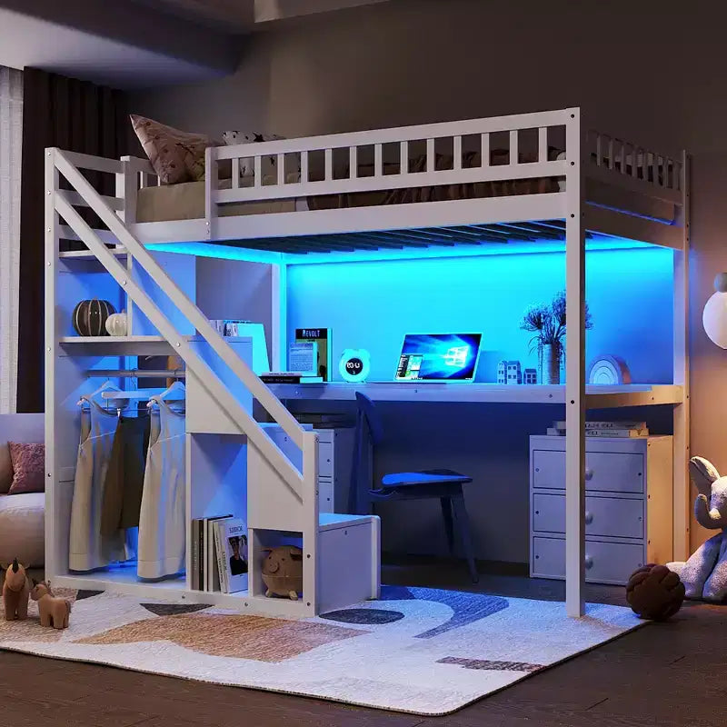 Lit mezzanine double/grand format avec bureau, bande lumineuse LED et deux commodes - ModernLuxe
