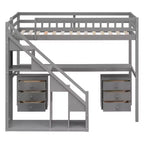 Lit mezzanine double/grand format avec bureau, bande lumineuse LED et deux commodes - ModernLuxe