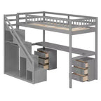 Lit mezzanine double/grand format avec bureau, bande lumineuse LED et deux commodes - ModernLuxe