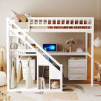 Lit mezzanine double/grand format avec bureau, bande lumineuse LED et deux commodes - ModernLuxe