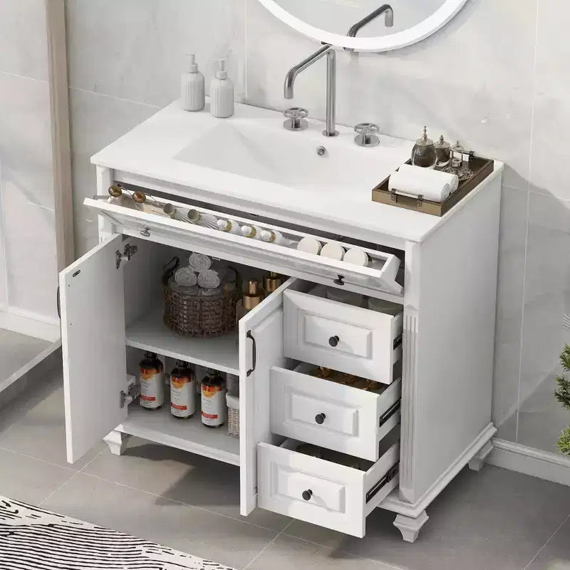 MAYEERTY 24 Meuble-lavabo de salle de bain avec évier Bois massif MDF 2 tiroirs 1 porte Étagère réglable Gris