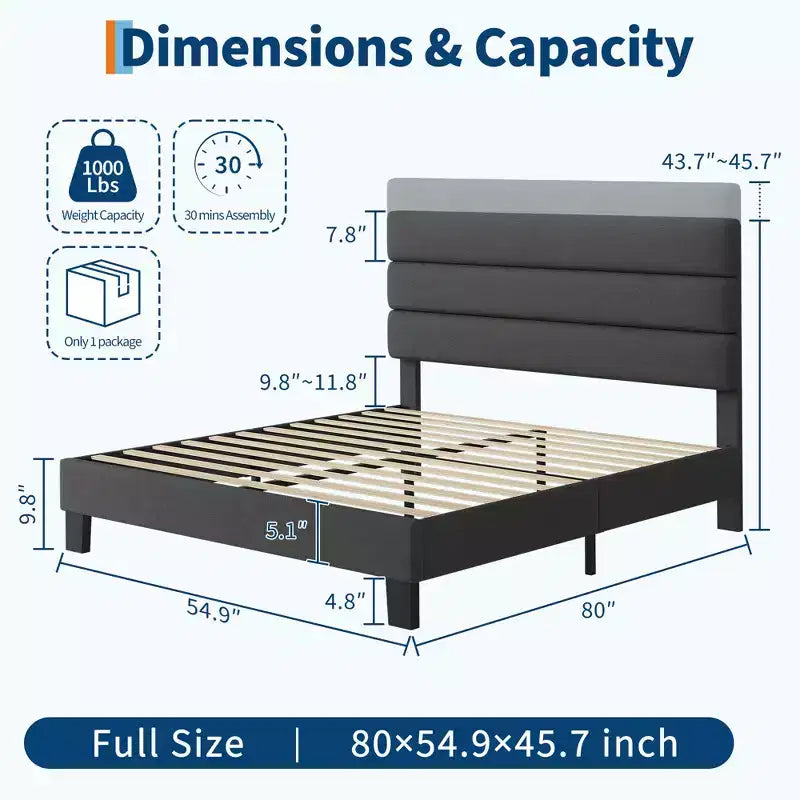 Cadre de lit plateforme COZONY en lin avec tête de lit réglable, support à lattes en bois, silencieux et facile à assembler pour chambre à coucher, appartement